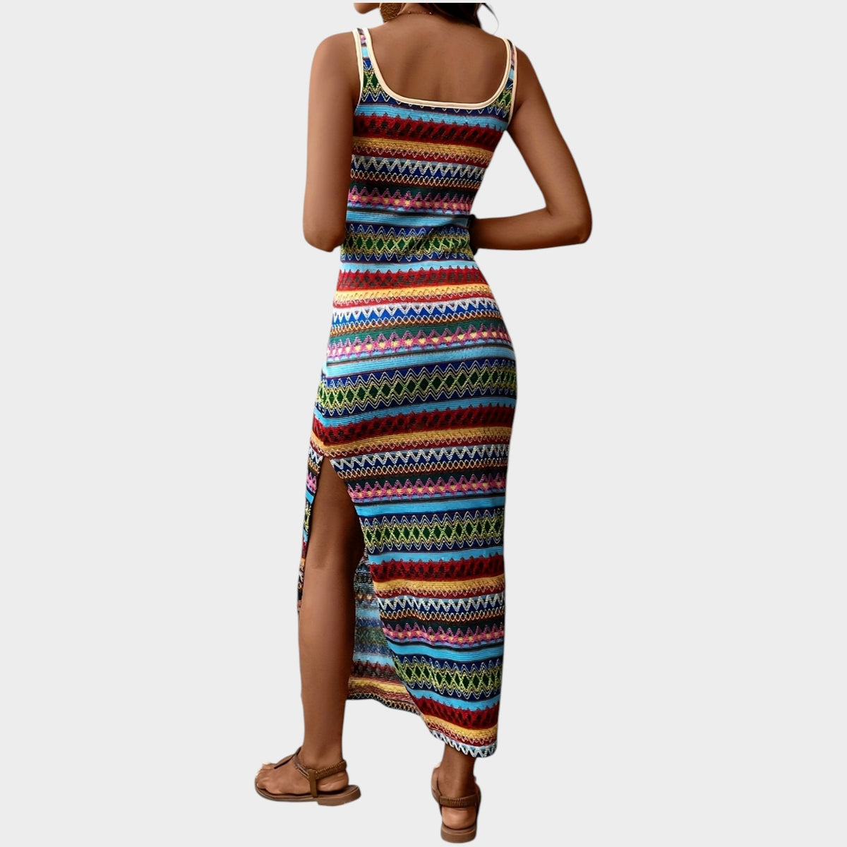 Women’s Striped Midi Dress with Square Neck and Side Slit