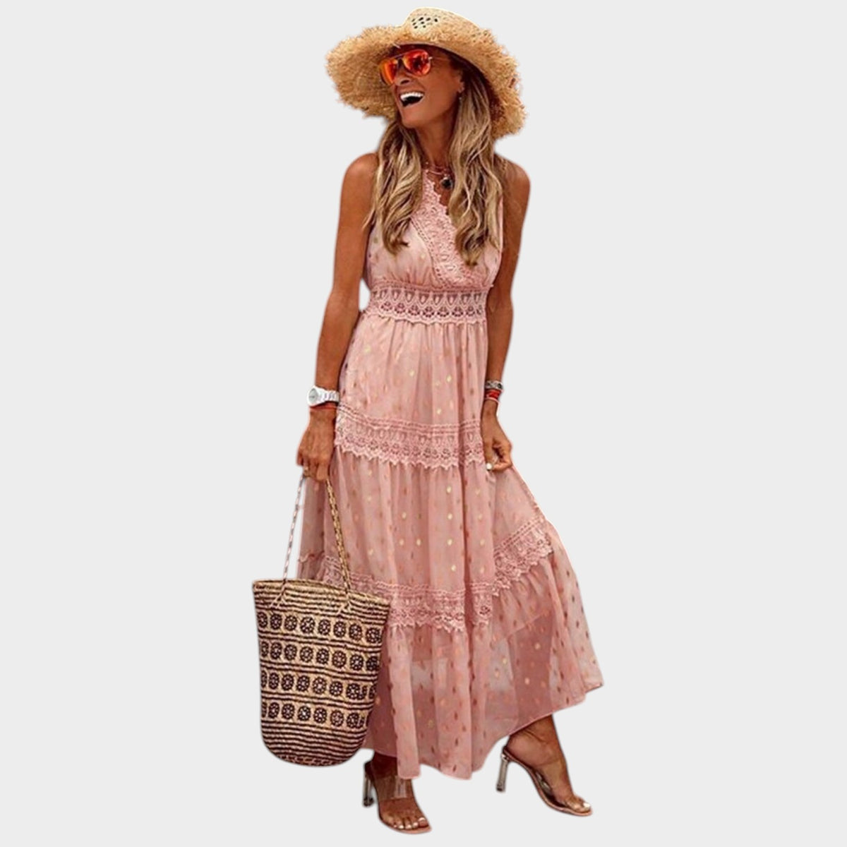 Women’s Boho Maxi Dress with Lace Trim and Halter Neckline