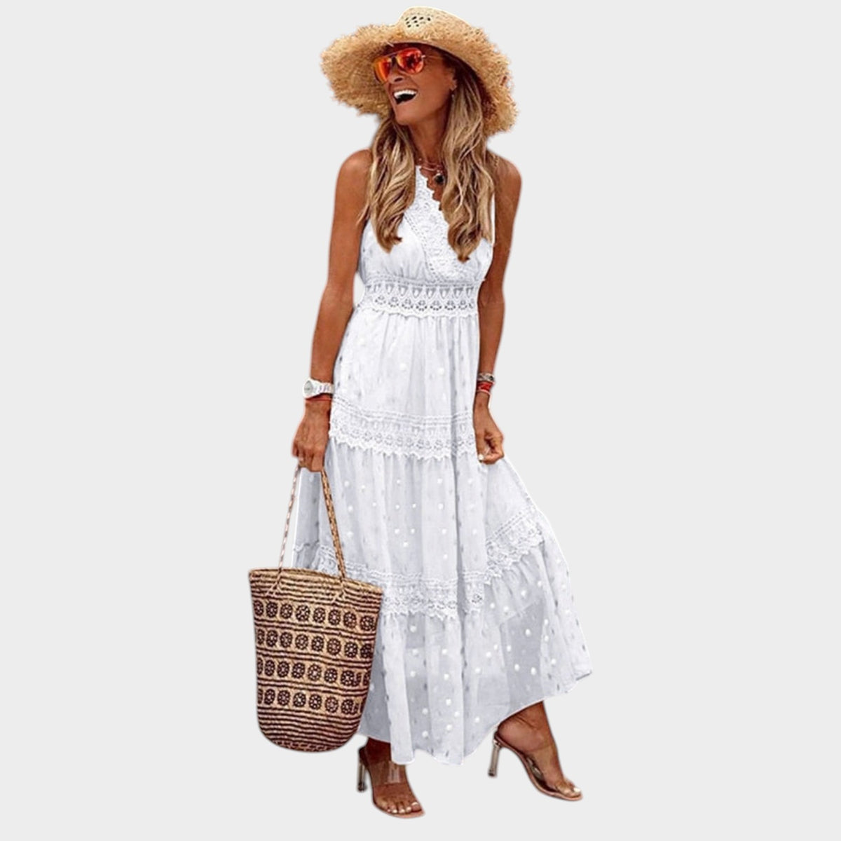 Women’s Boho Maxi Dress with Lace Trim and Halter Neckline