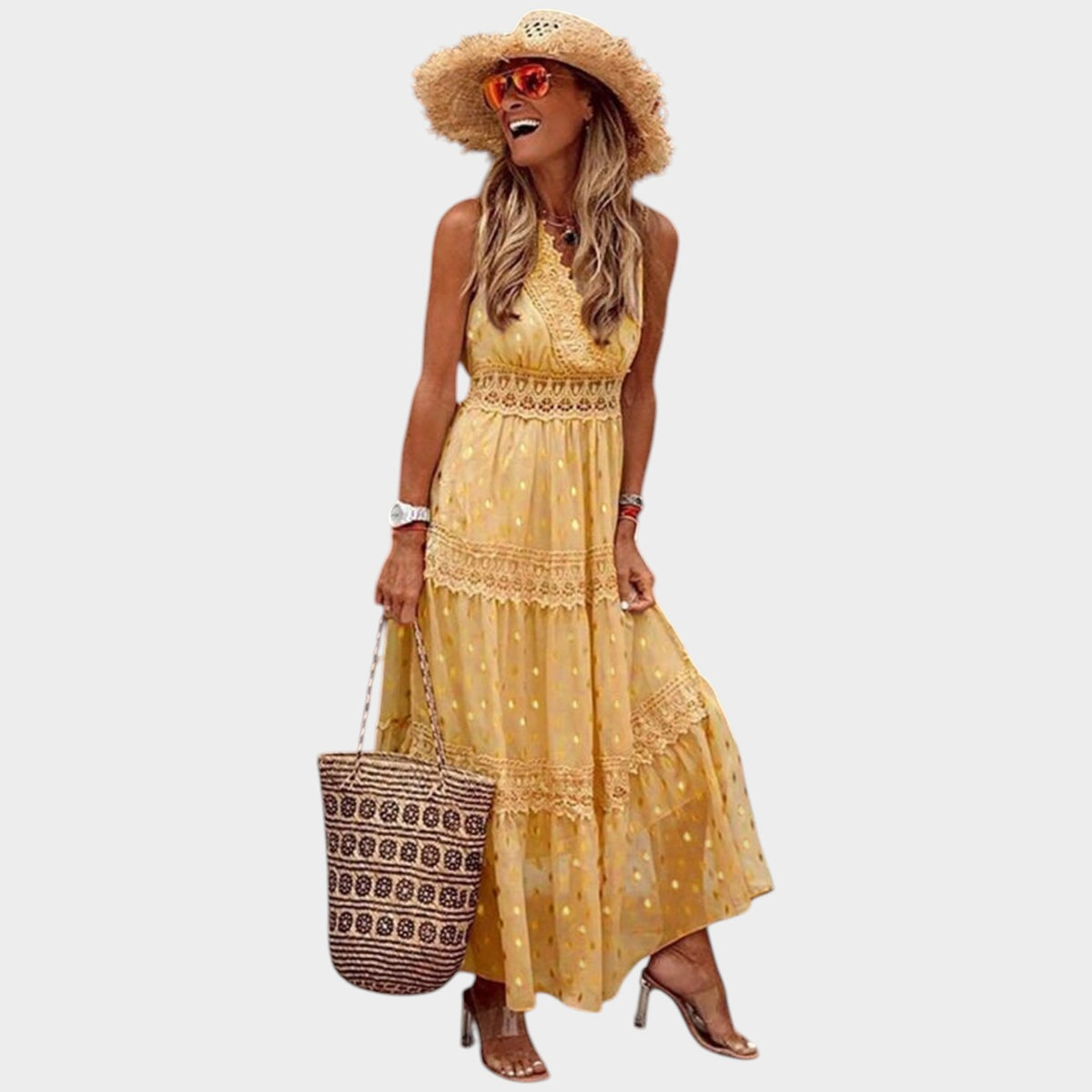 Women’s Boho Maxi Dress with Lace Trim and Halter Neckline