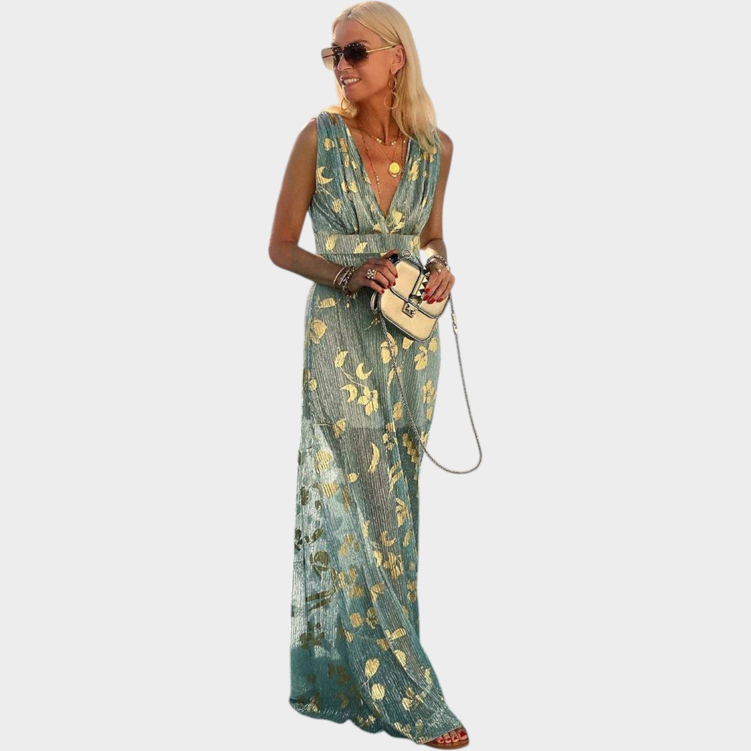 Metallic Evening V-Neck Maxi Dress