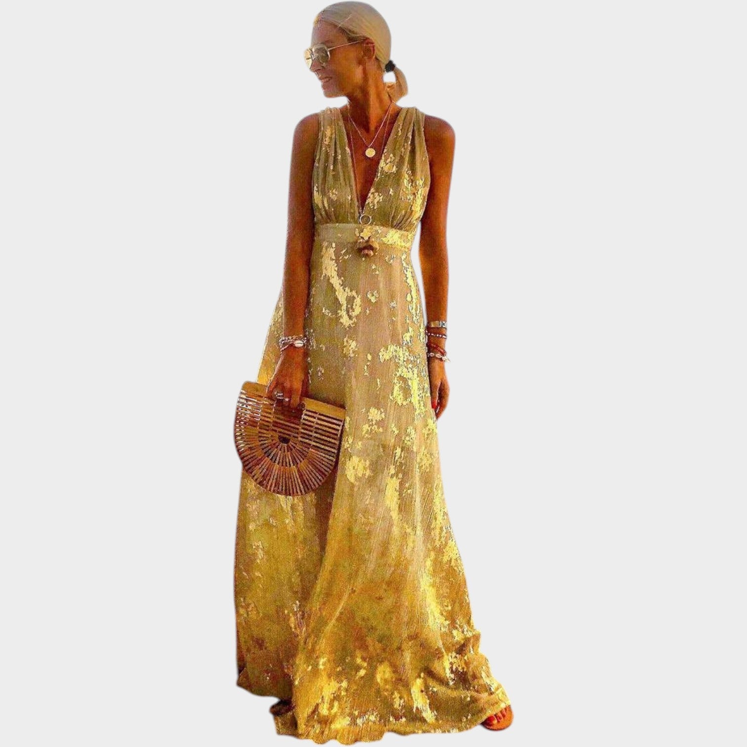 Metallic Evening V-Neck Maxi Dress