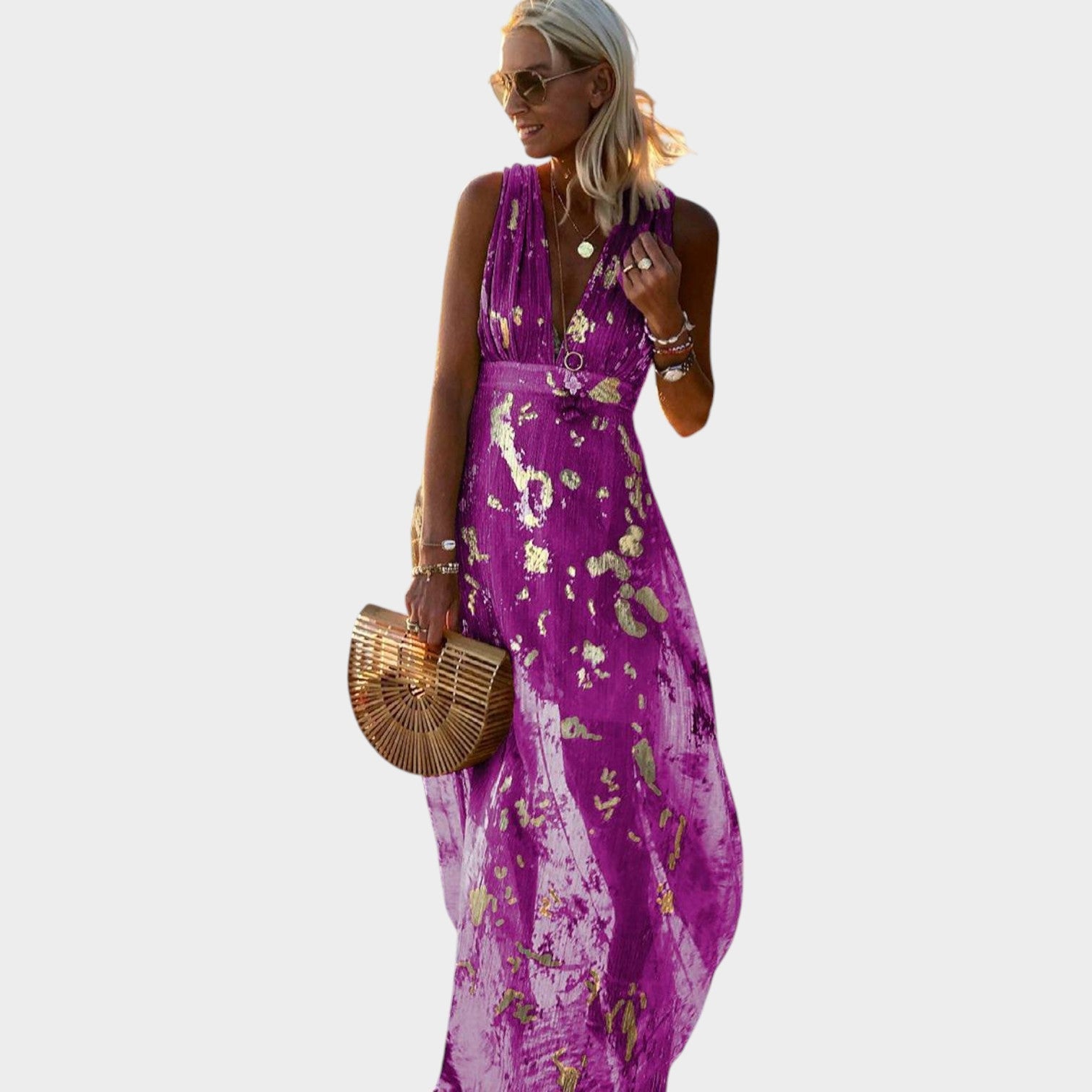 Metallic Evening V-Neck Maxi Dress