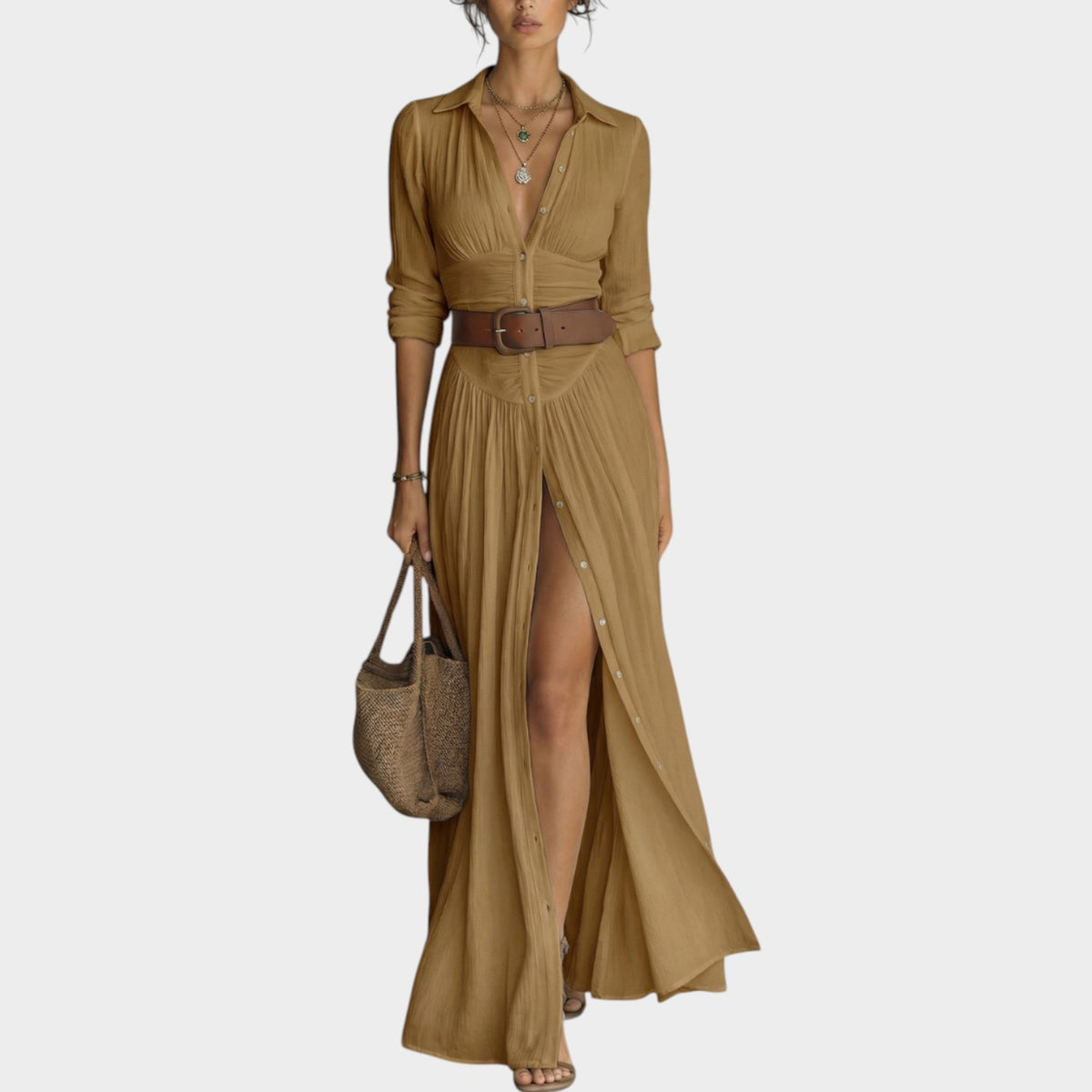 Women's Shirt Maxi Dress Button Front Notched Collar