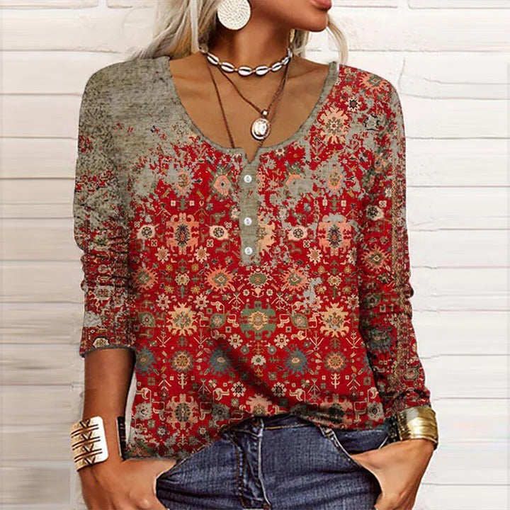 Zara | Women's V-Neck Boho Print Long Sleeve Henley Blouse