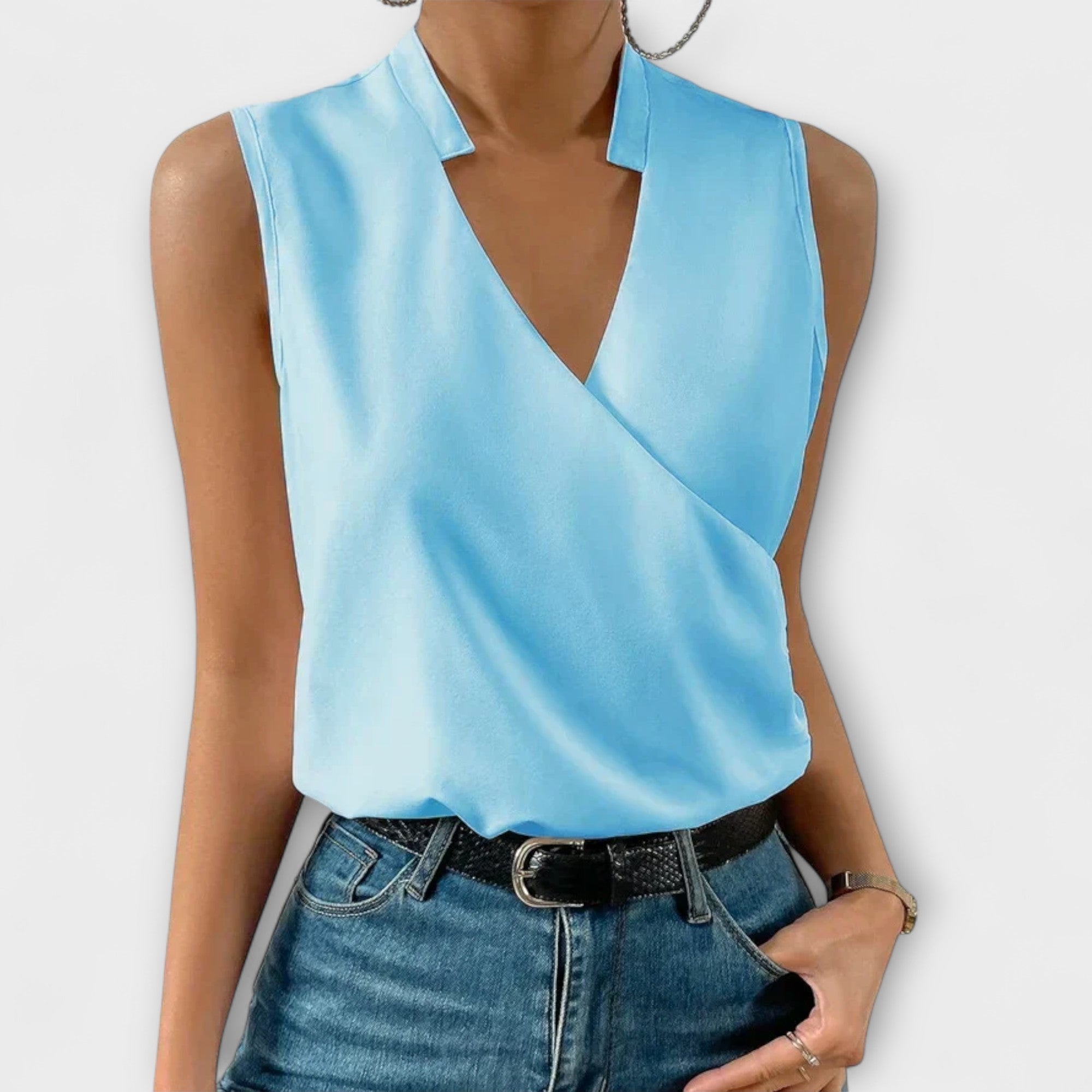 Nina | Women's Collared Sleeveless Wrap V-Neck Blouse