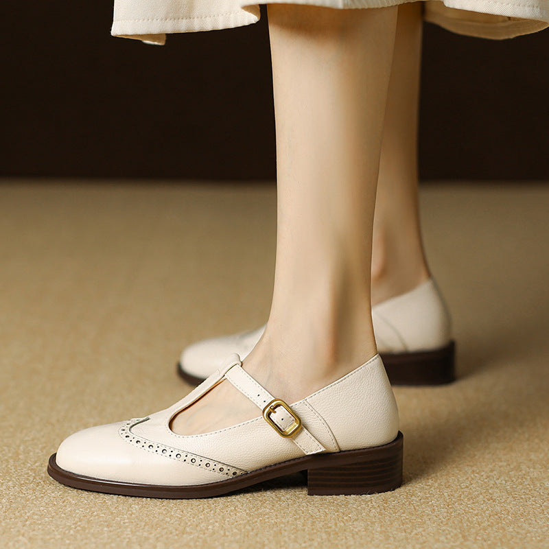 Nadine | Women's Leather T-Strap Mary Jane Shoes with Low Block Heel