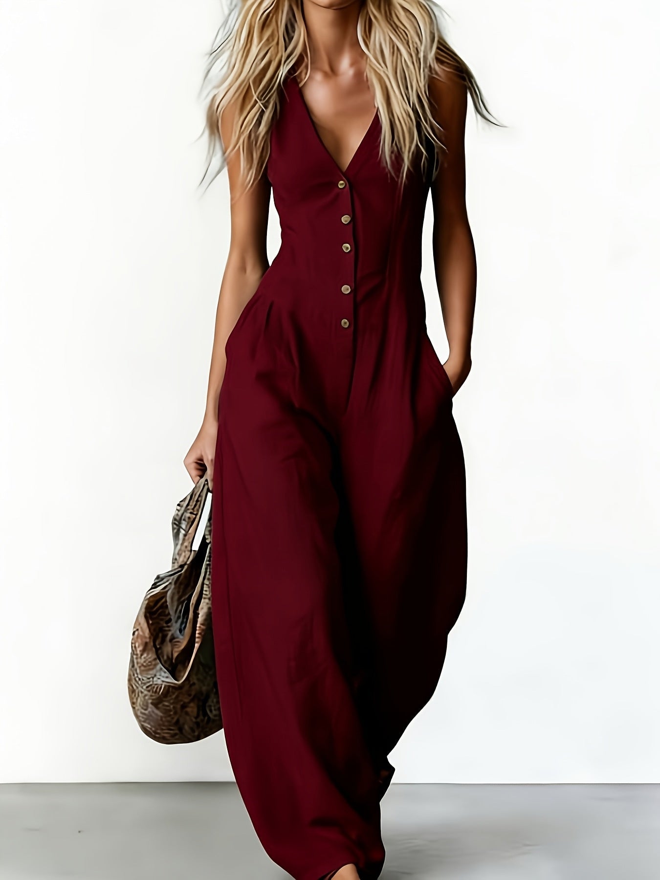Sleeveless Button-Front Wide-Leg Jumpsuit