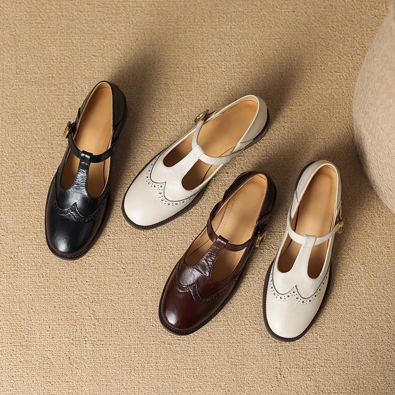 Nadine | Women's Leather T-Strap Mary Jane Shoes with Low Block Heel