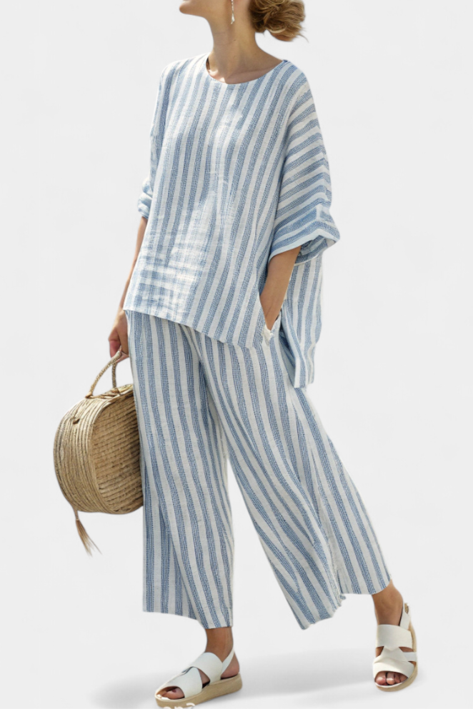 Marina | Women's Striped Casual Top with Wide Leg Pants Ensemble