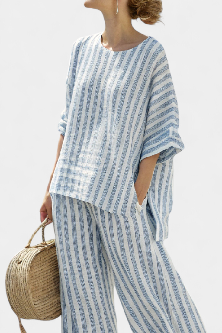 Marina | Women's Striped Casual Top with Wide Leg Pants Ensemble