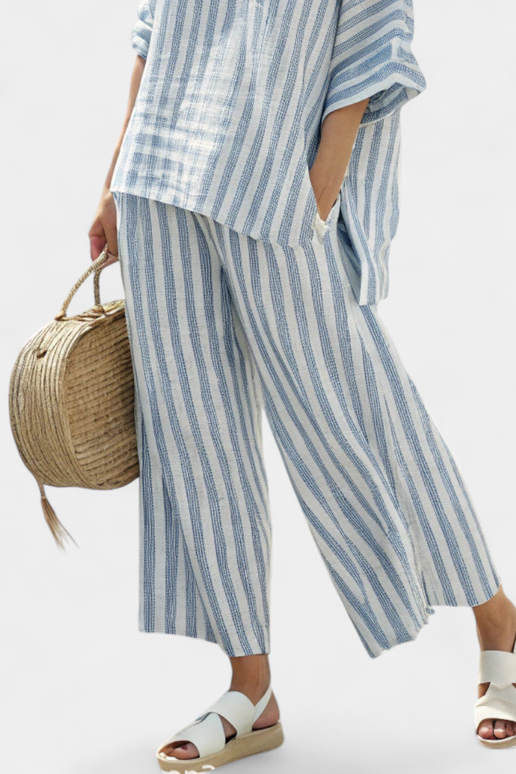 Marina | Women's Striped Casual Top with Wide Leg Pants Ensemble