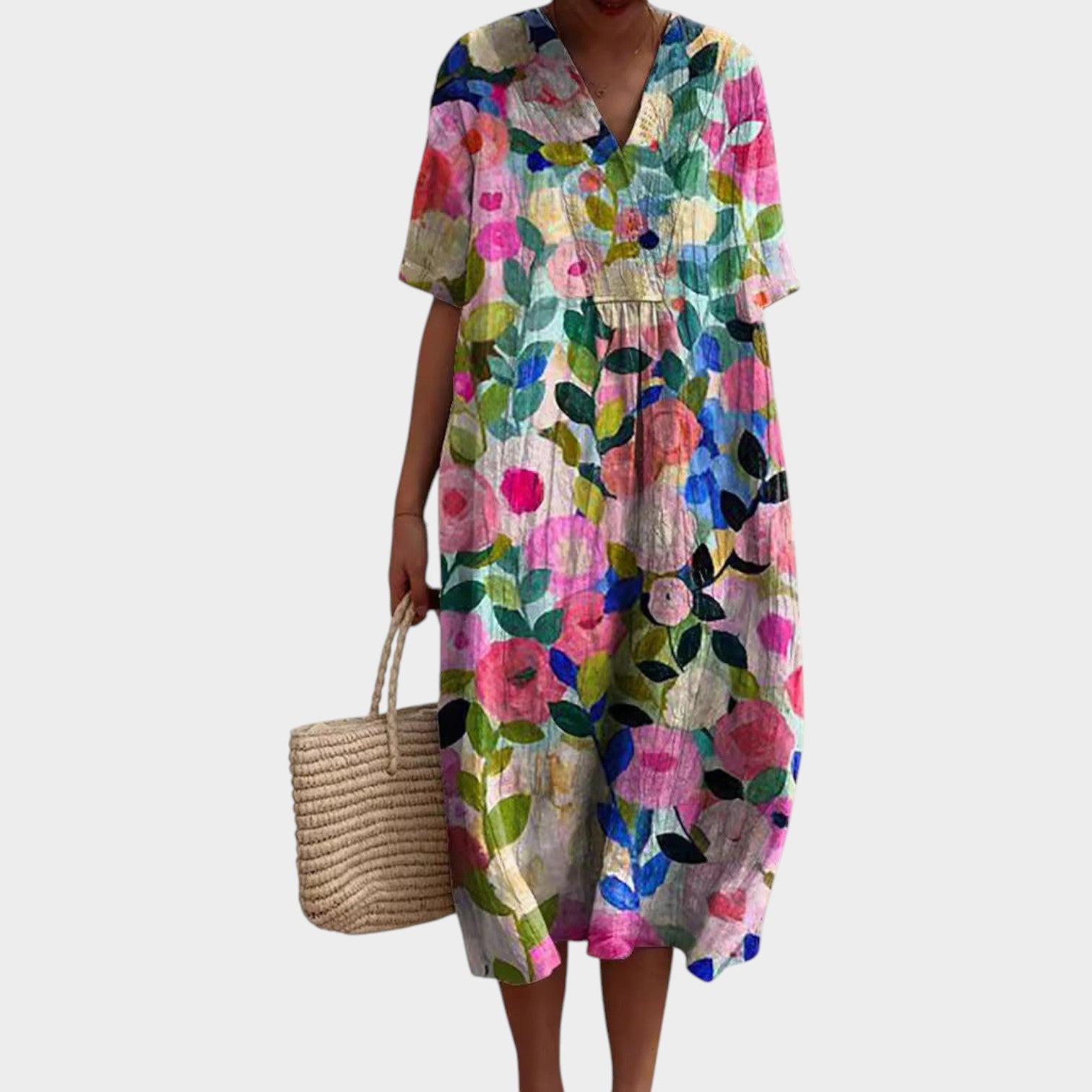Casual V-Neck Floral Midi Summer Dress