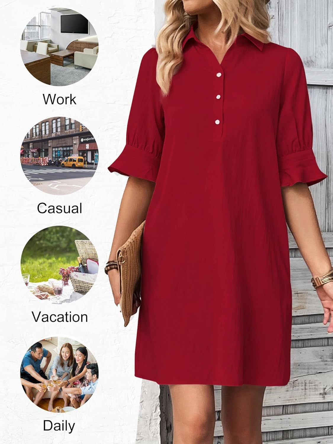 Harper | Women's Knee-Length 3/4 Sleeve Button-Down Shirt Dress
