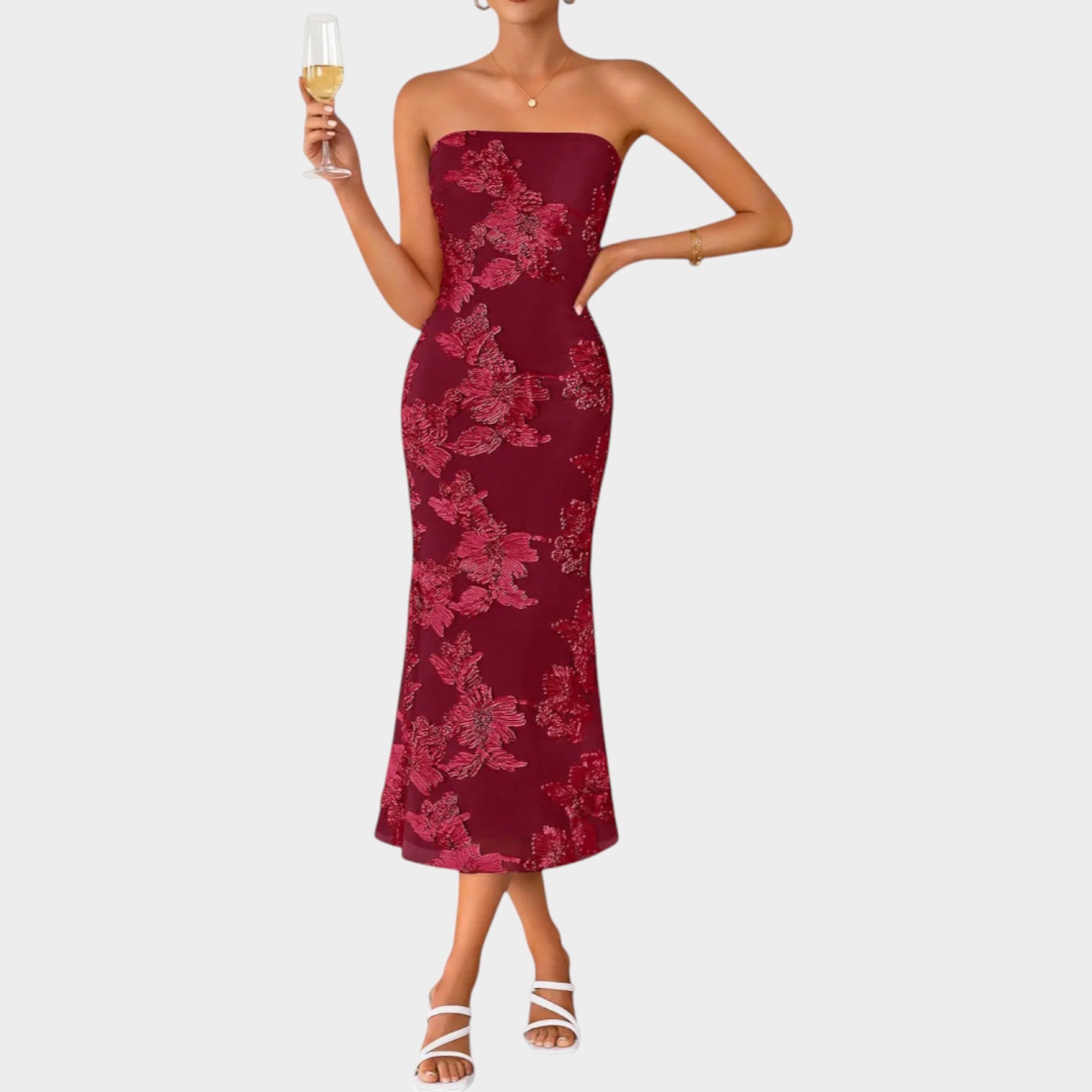 Strapless Floral Cocktail Midi Dress