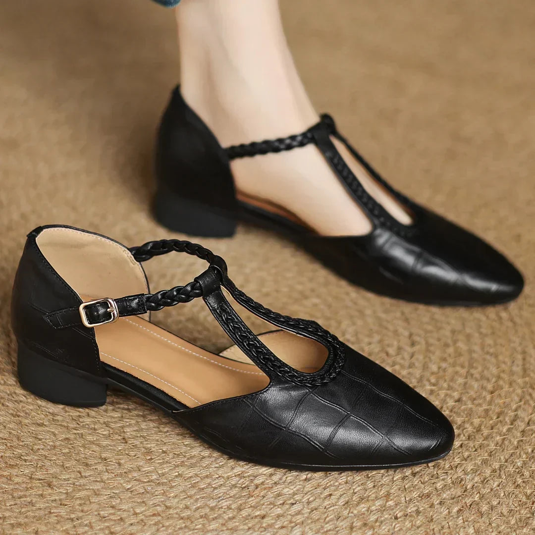 Margot | Women's Pointed Toe Leather T-Strap Mary Jane Flats