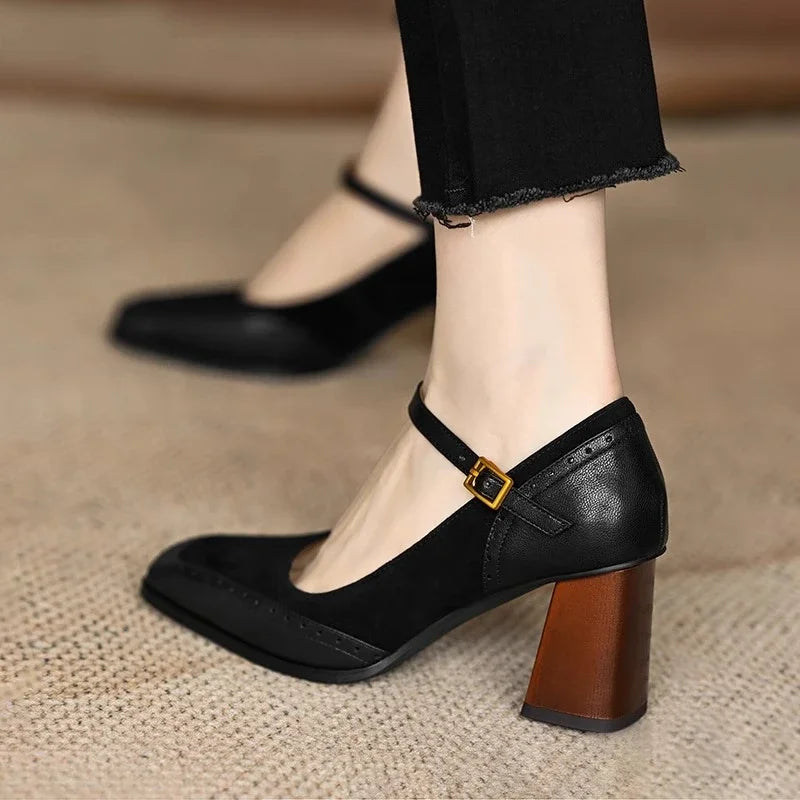 Constance | Women's Ankle Strap Brogue Pumps with Square Toe and Block Heel