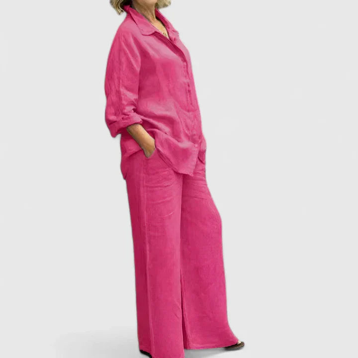 Roslyn | Women's Two-Piece Set: Button-Down Shirt and Wide Leg Pants