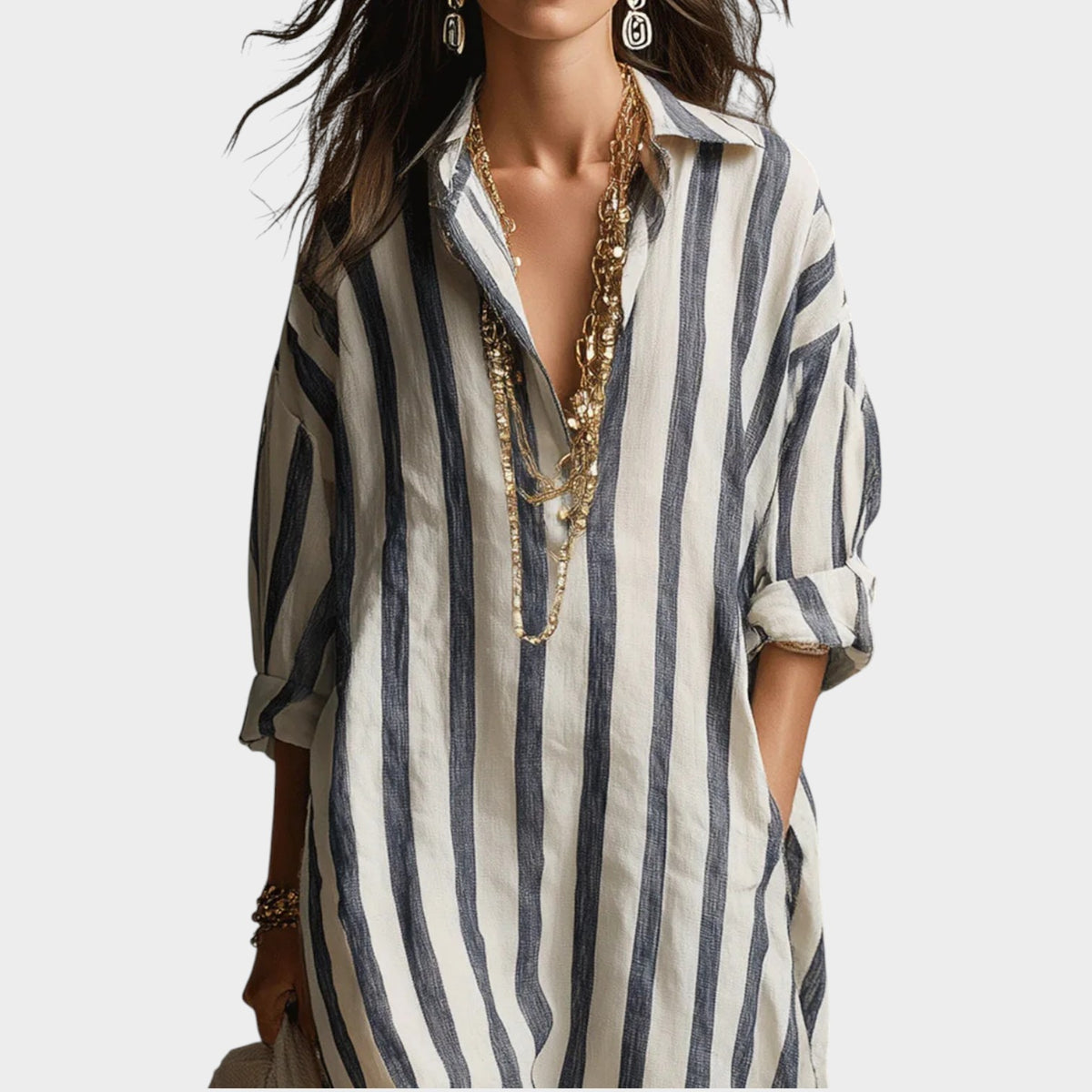 Women's Striped Midi Dress Linen Shirt V Neck