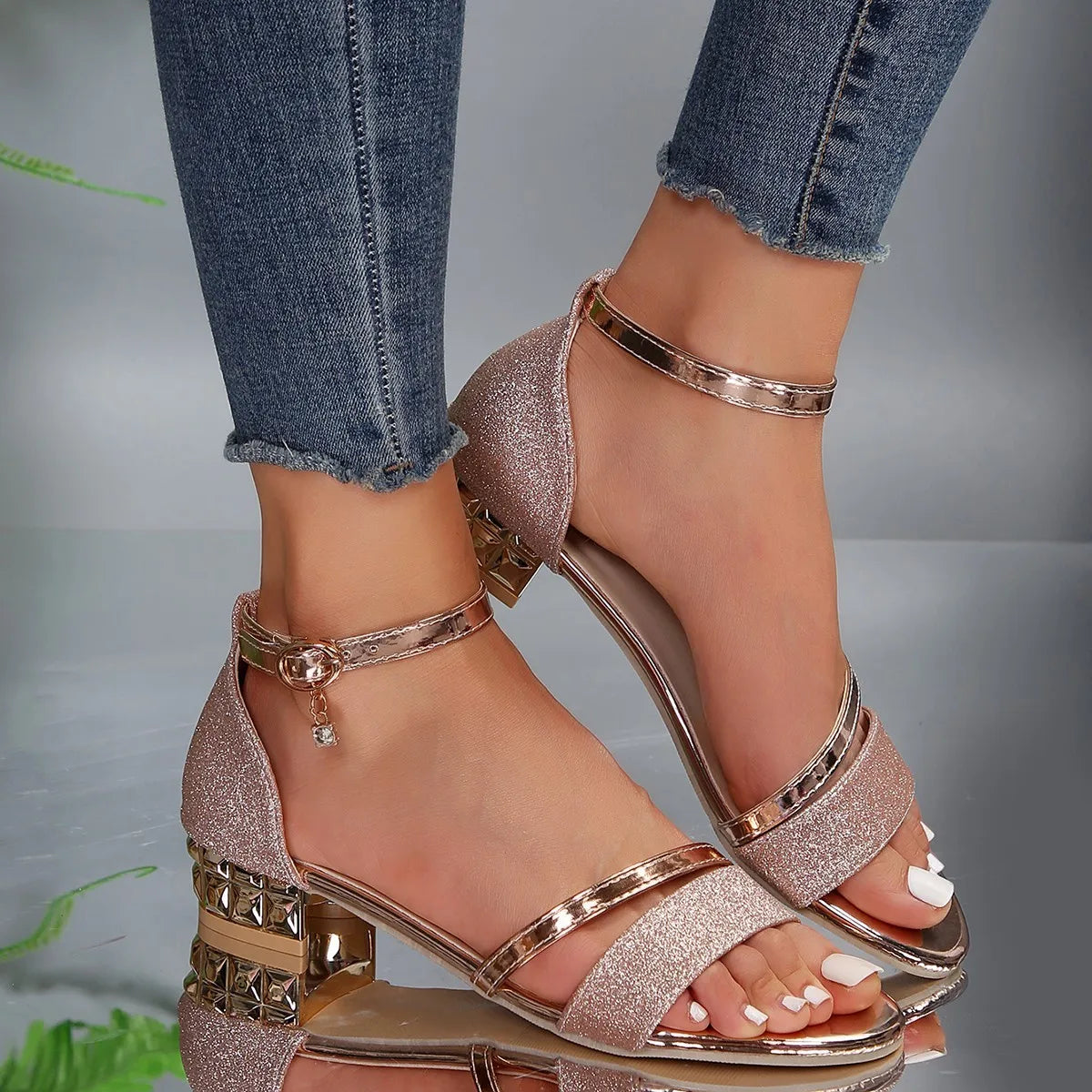 Stella | Women's Ankle Strap Sandals with Block Heel and Gold Accents