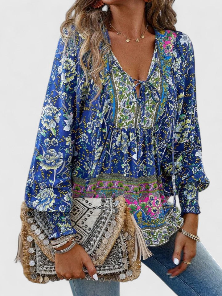 Sienna | Women's Bohemian Floral V-Neck Blouse with Puff Sleeves