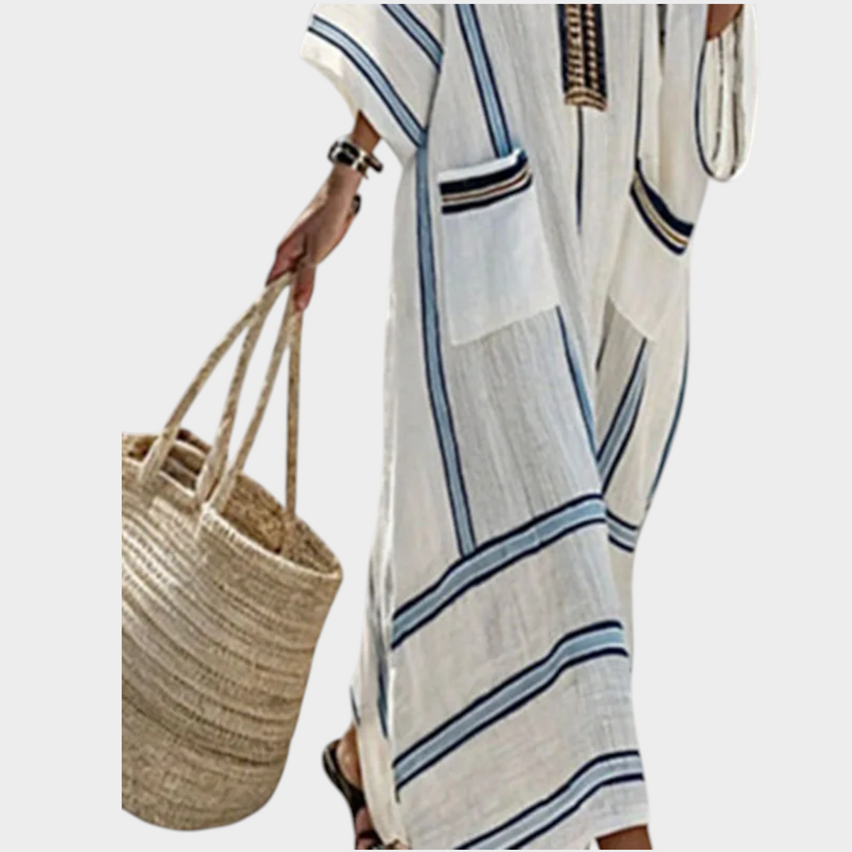 Women's Linen Summer Maxi Dress Striped Contrast Detailing