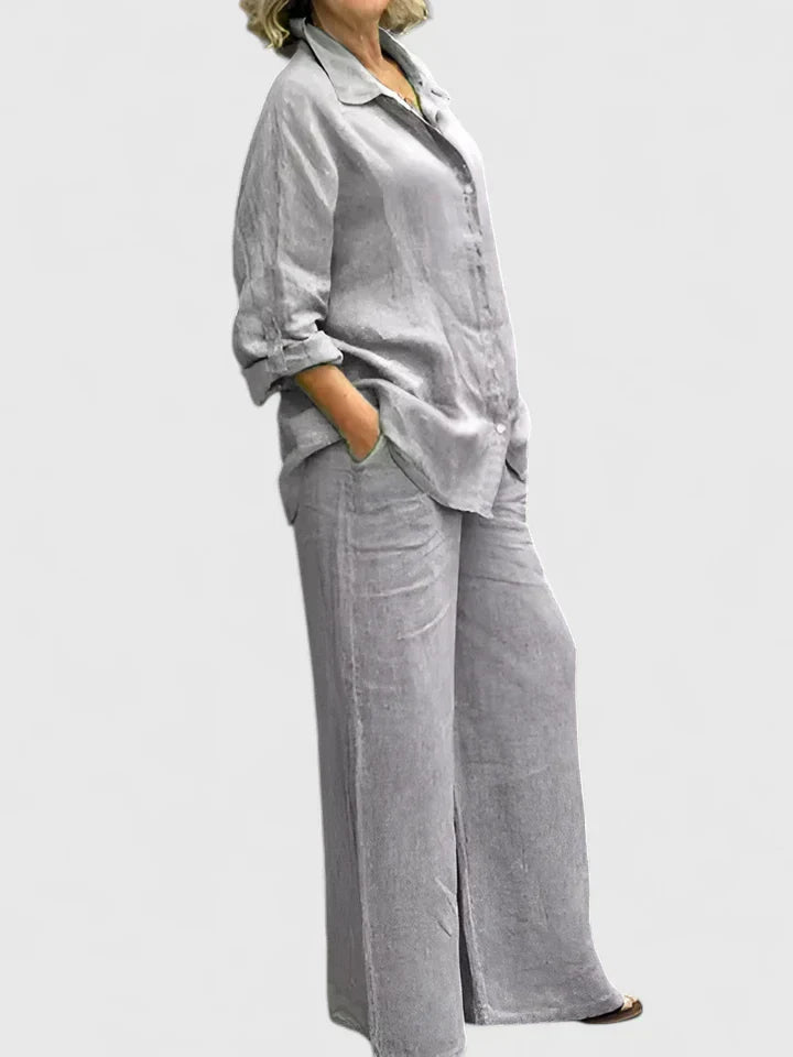 Roslyn | Women's Two-Piece Set: Button-Down Shirt and Wide Leg Pants