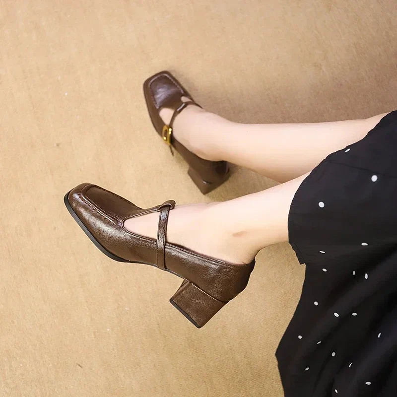 Odette | Women's Square Toe Mary Jane Block Heels with Gold Buckle