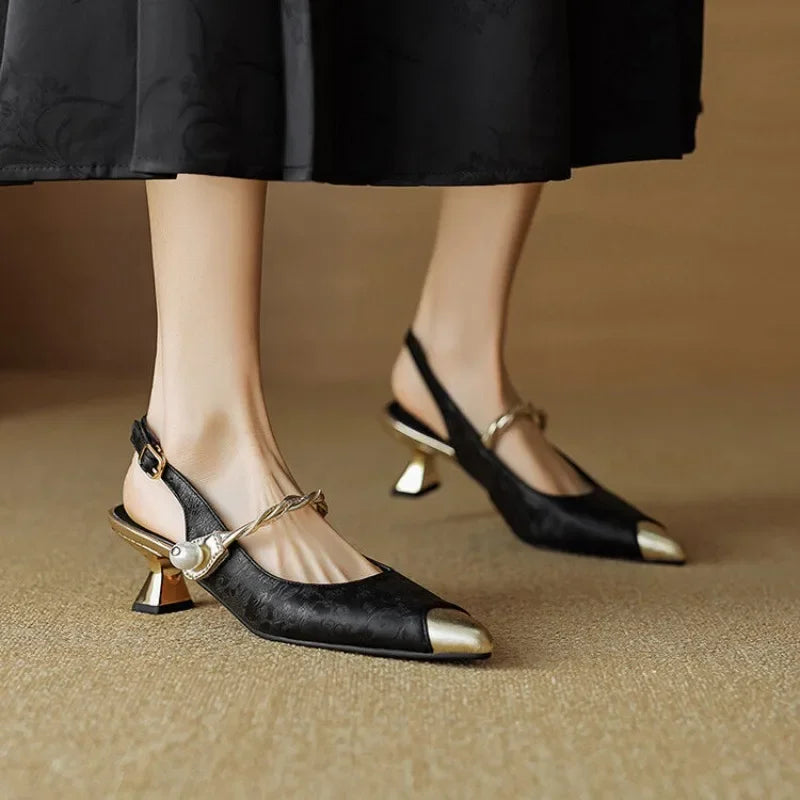 Fleur | Women's Pointed Toe Slingback Kitten Heels with Pearl Strap
