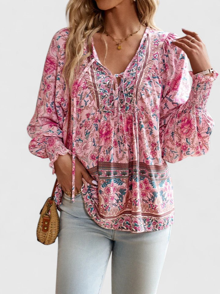Sienna | Women's Bohemian Floral V-Neck Blouse with Puff Sleeves