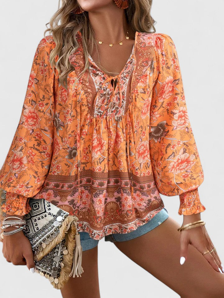Sienna | Women's Bohemian Floral V-Neck Blouse with Puff Sleeves
