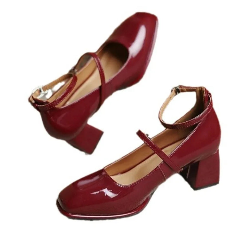 Celeste | Women's Square Toe Mary Jane Pumps with Ankle Strap and Block Heel