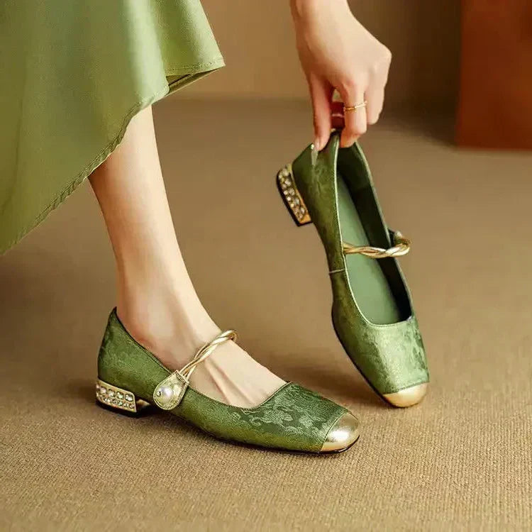 Celeste | Women's Glitter Block Heel Mary Jane Shoes with Pearl Strap