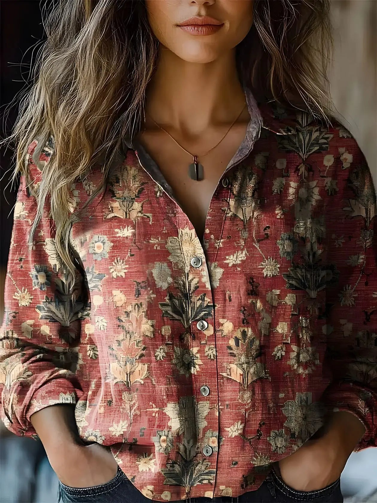 Vintage Floral Print Long Sleeve Button-Down Shirt for Women - Autumn Collection