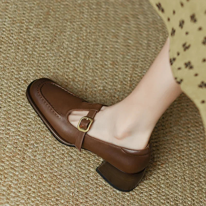 Wren | Women's T-Strap Mary Jane Shoes with Square Toe and Low Block Heel