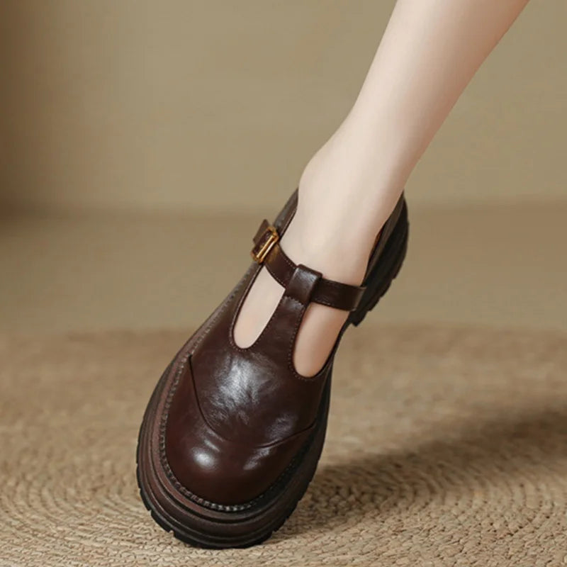 Blythe | Women's Round Toe T-Bar Mary Jane Brogue Shoes with Low Heel