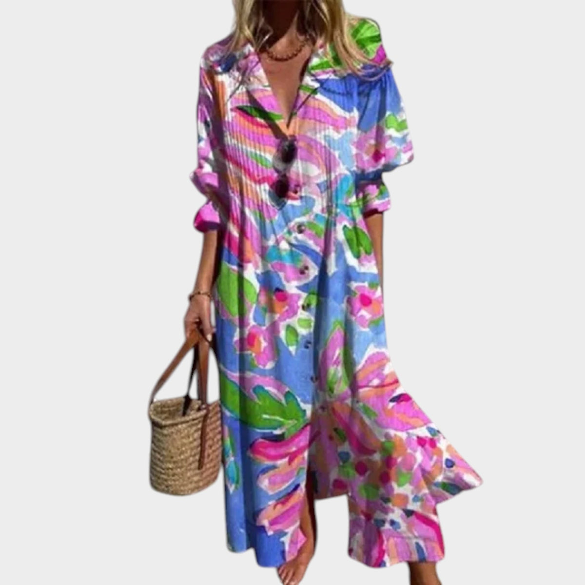 Women’s Bohemian Maxi Shirt Dress Floral Print Button Front