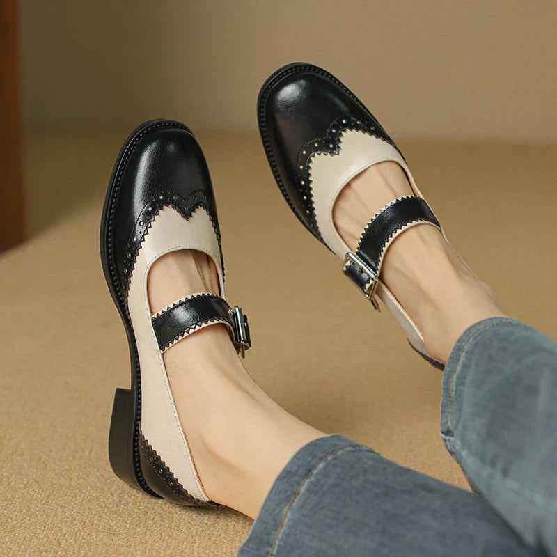 Harlow | Women's Two-Tone Leather Brogue T-Strap Mary Jane Shoes