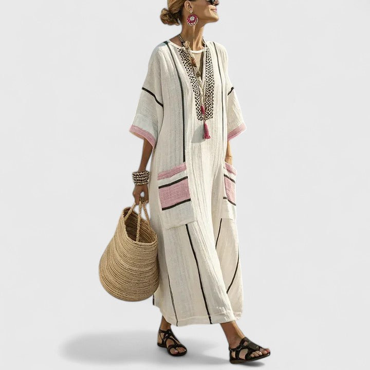 Sage | Women's Striped Linen Maxi Dress with V-Neck and Pockets