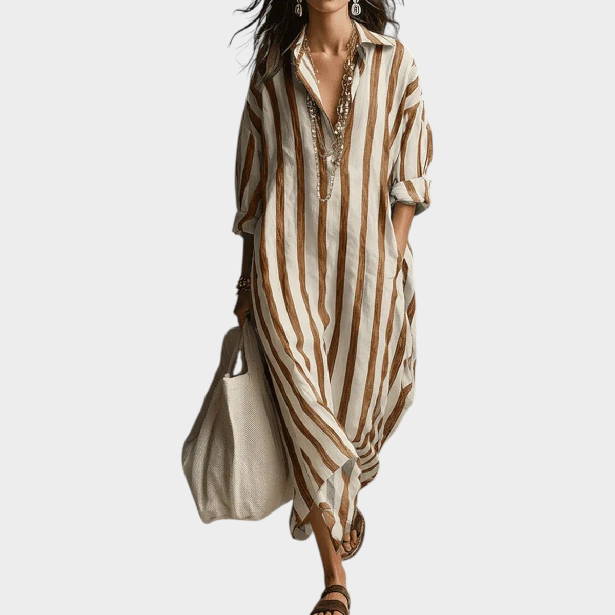 Women's Striped Midi Dress Linen Shirt V Neck