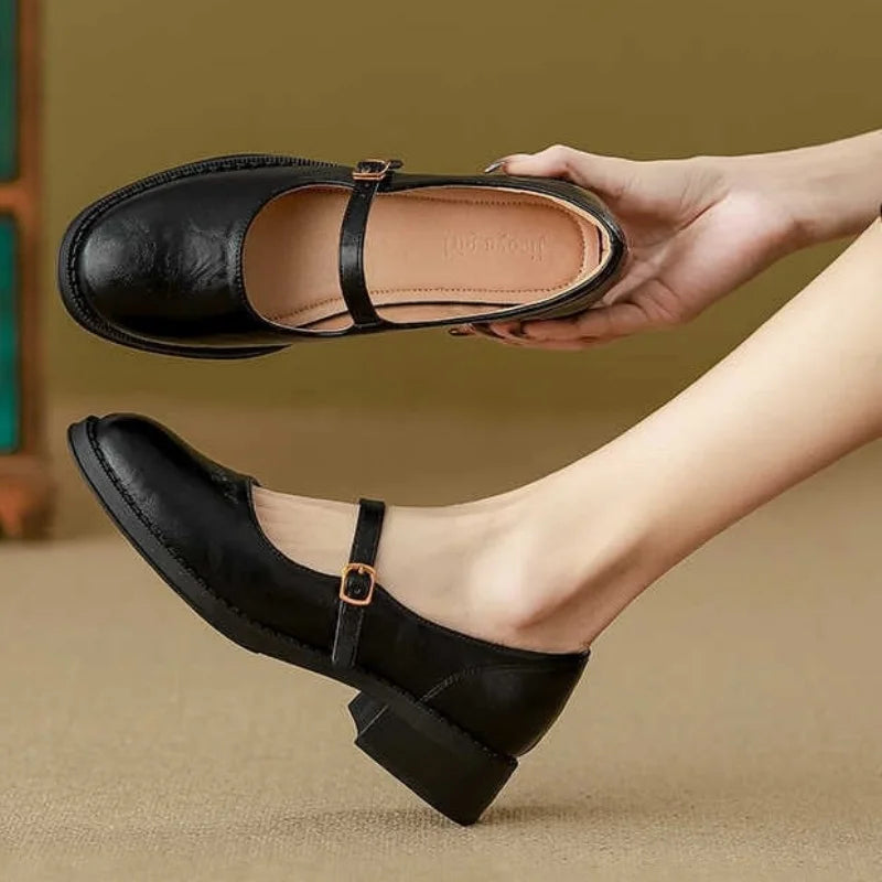 Eleanor | Women's Leather Mary Jane Shoes with Low Block Heel and Strap
