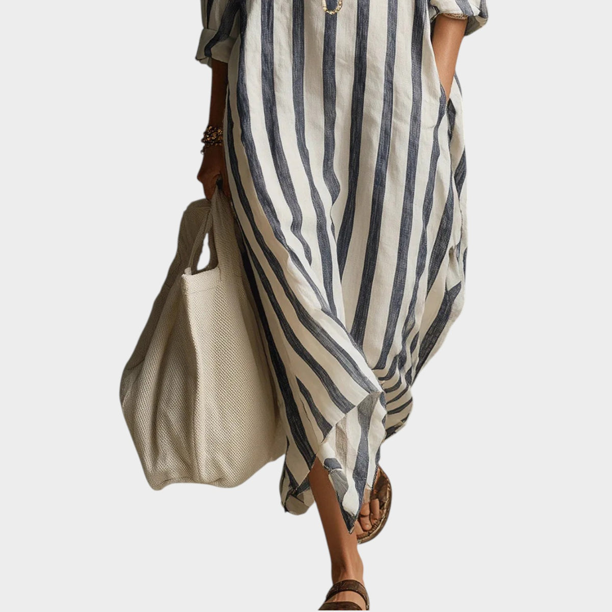 Women's Striped Midi Dress Linen Shirt V Neck