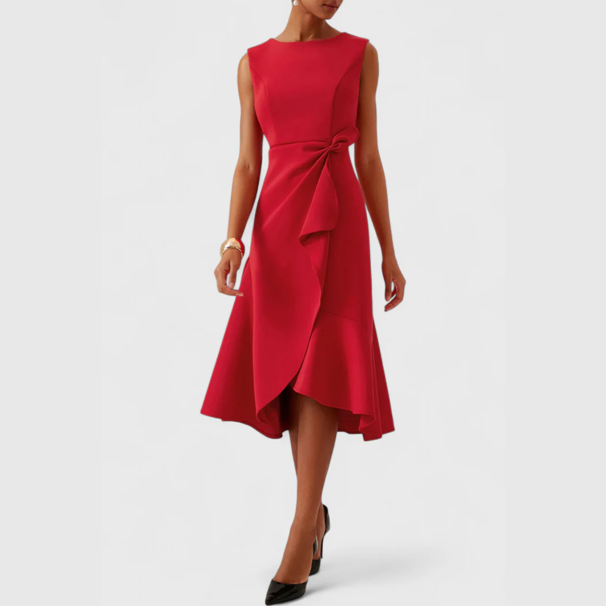 Women's Sleeveless Wedding Guest Midi Dress with Ruffle Hem