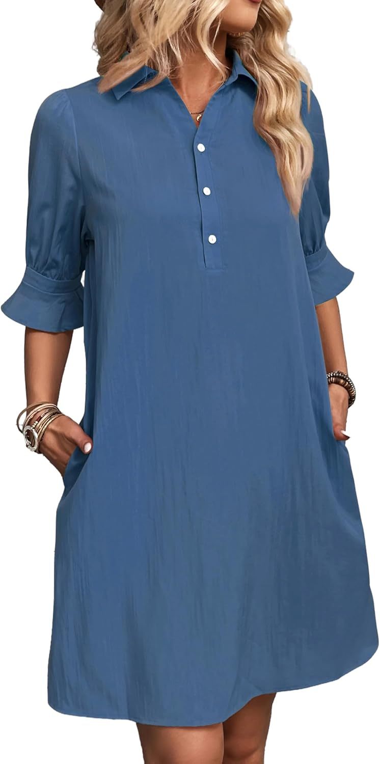 Harper | Women's Knee-Length 3/4 Sleeve Button-Down Shirt Dress