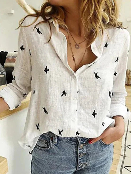 Avery Women's Long Sleeve Bird Print Button-Down Blouse