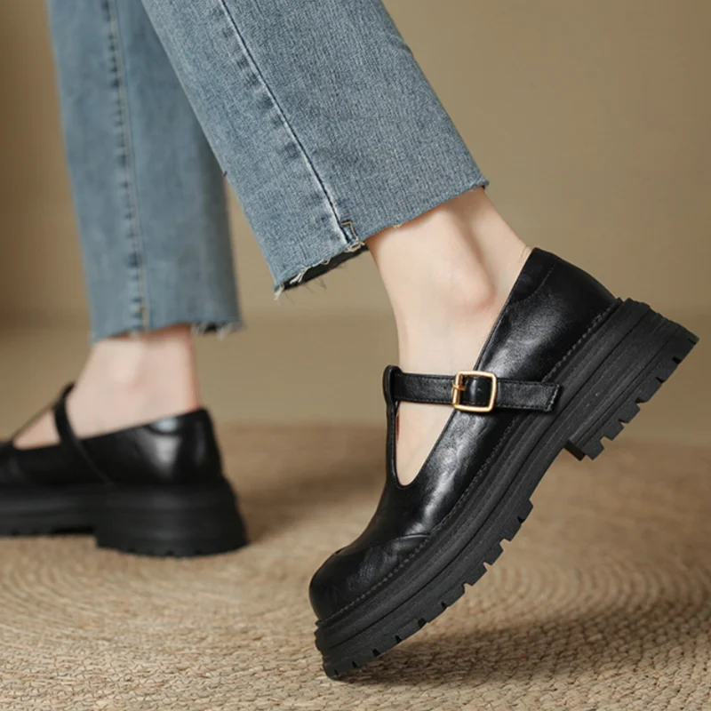 Blythe | Women's Round Toe T-Bar Mary Jane Brogue Shoes with Low Heel
