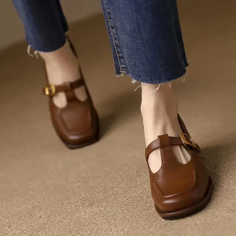 Wren | Women's T-Strap Mary Jane Shoes with Square Toe and Low Block Heel