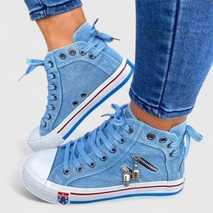 Freya | Women's High-Top Denim Lace-Up Sneakers with Side Zipper