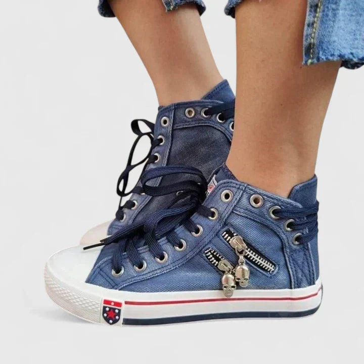 Freya | Women's High-Top Denim Lace-Up Sneakers with Side Zipper