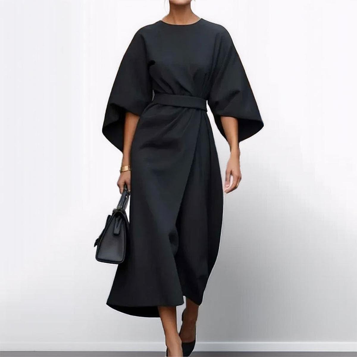 Women’s Satin Maxi Dress with Kimono Sleeves and Defined Waist